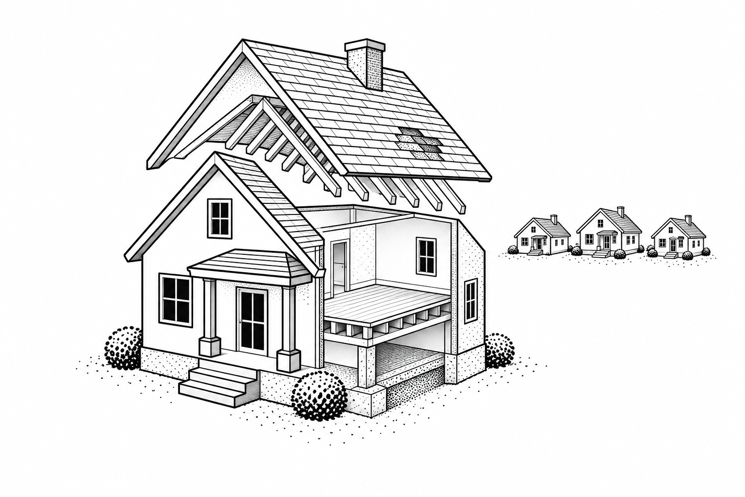 Layered architectural illustration of a single-family home, showing its roof, living space and foundation.